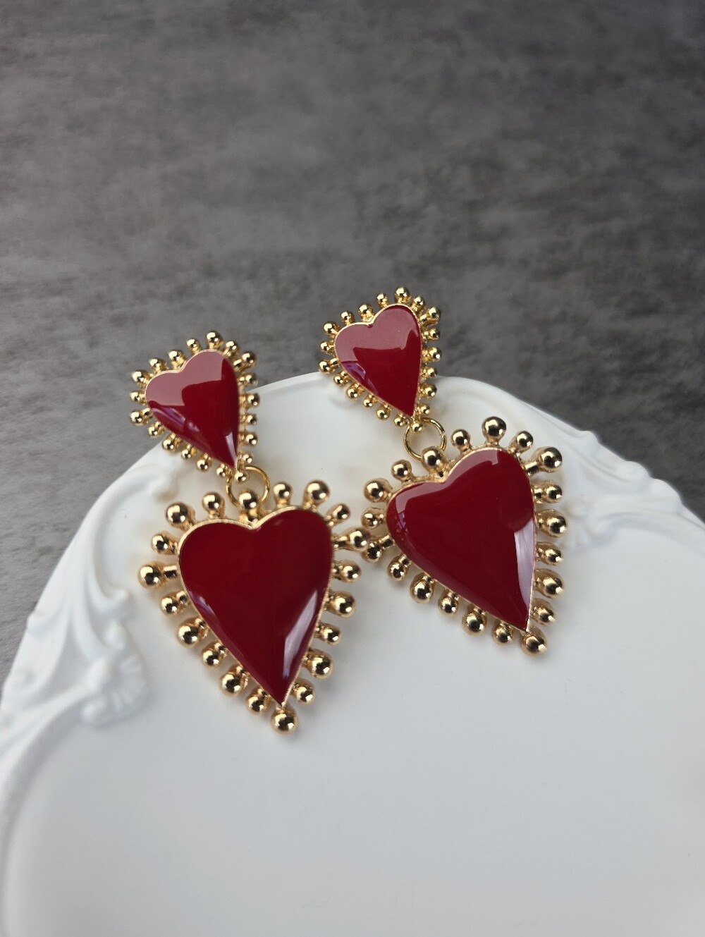 Vintage Gold Red Enamel Heart Dangle Earrings